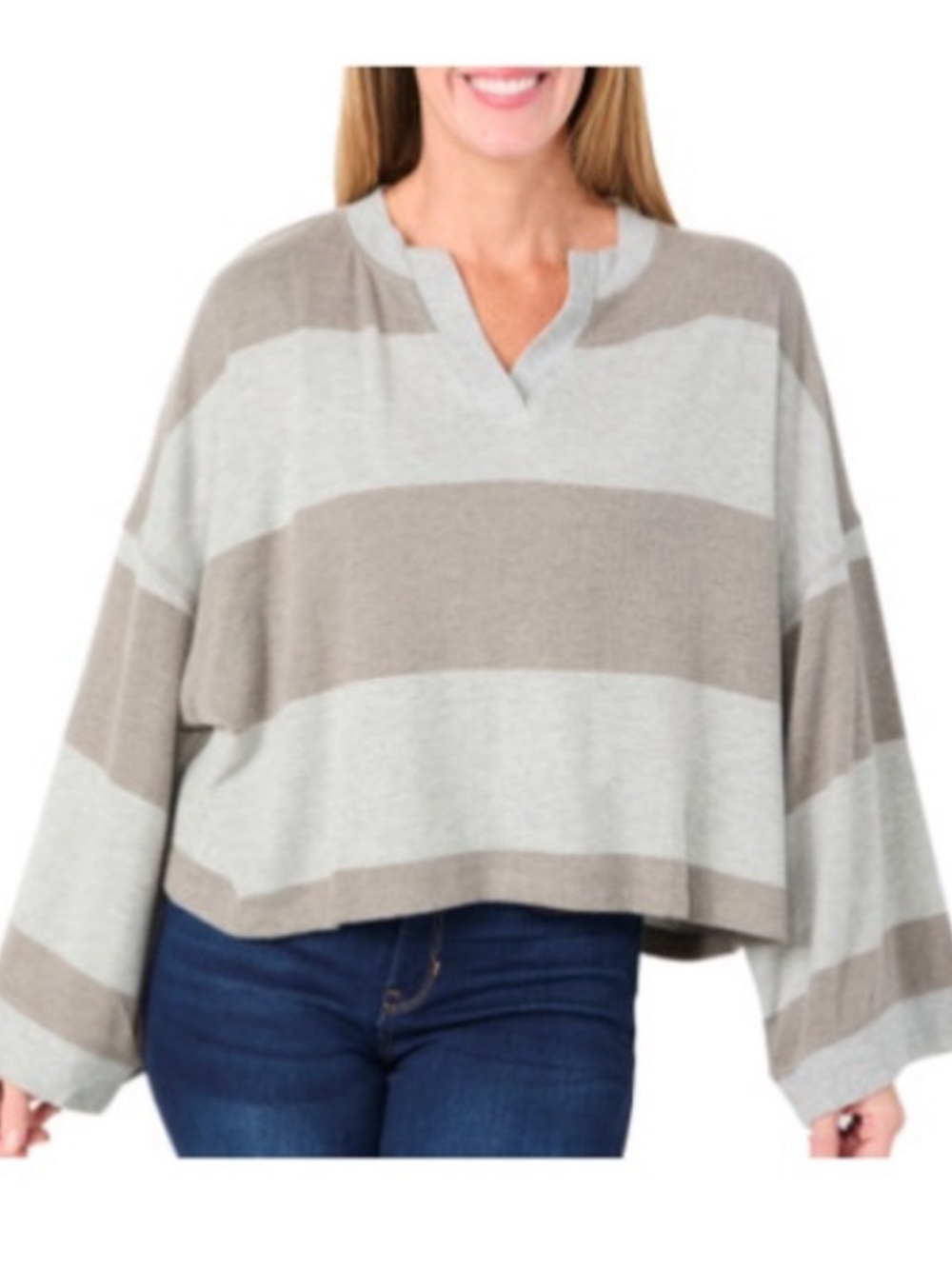 NWT For The Republic Light Grey and Cream Striped V-Neck Sweater S, M & L